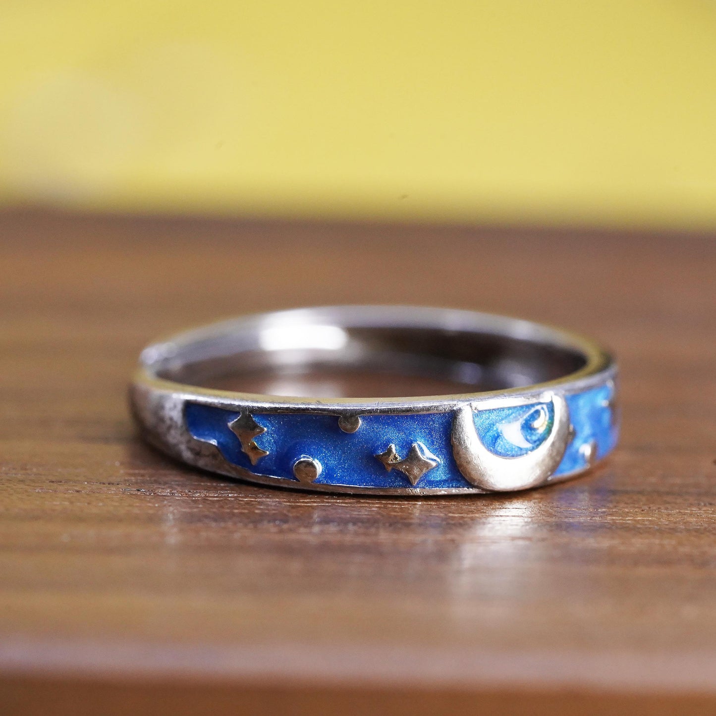 Size adjustable, vintage Sterling silver 925 ring with blue enamel moon star