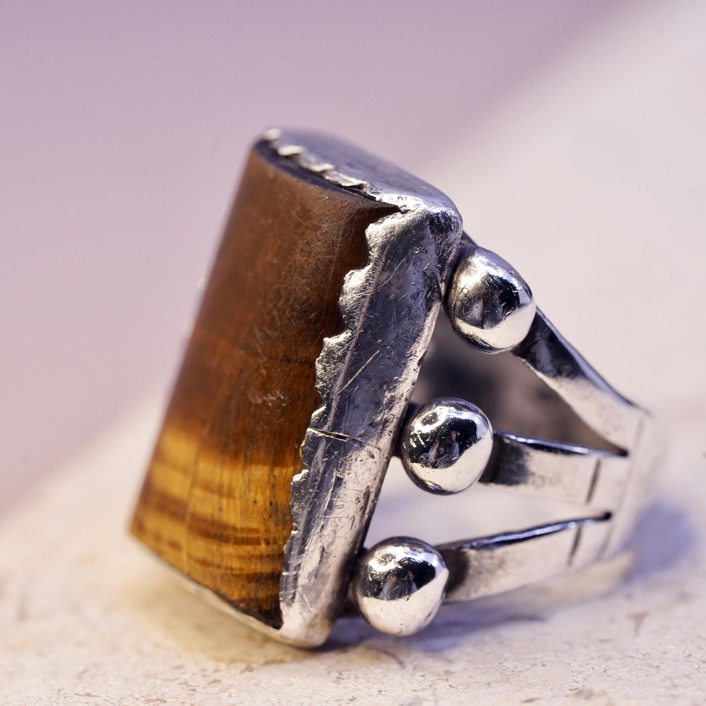 Size 7.75, vintage Sterling 925 silver handmade ring golden tiger eye and beads