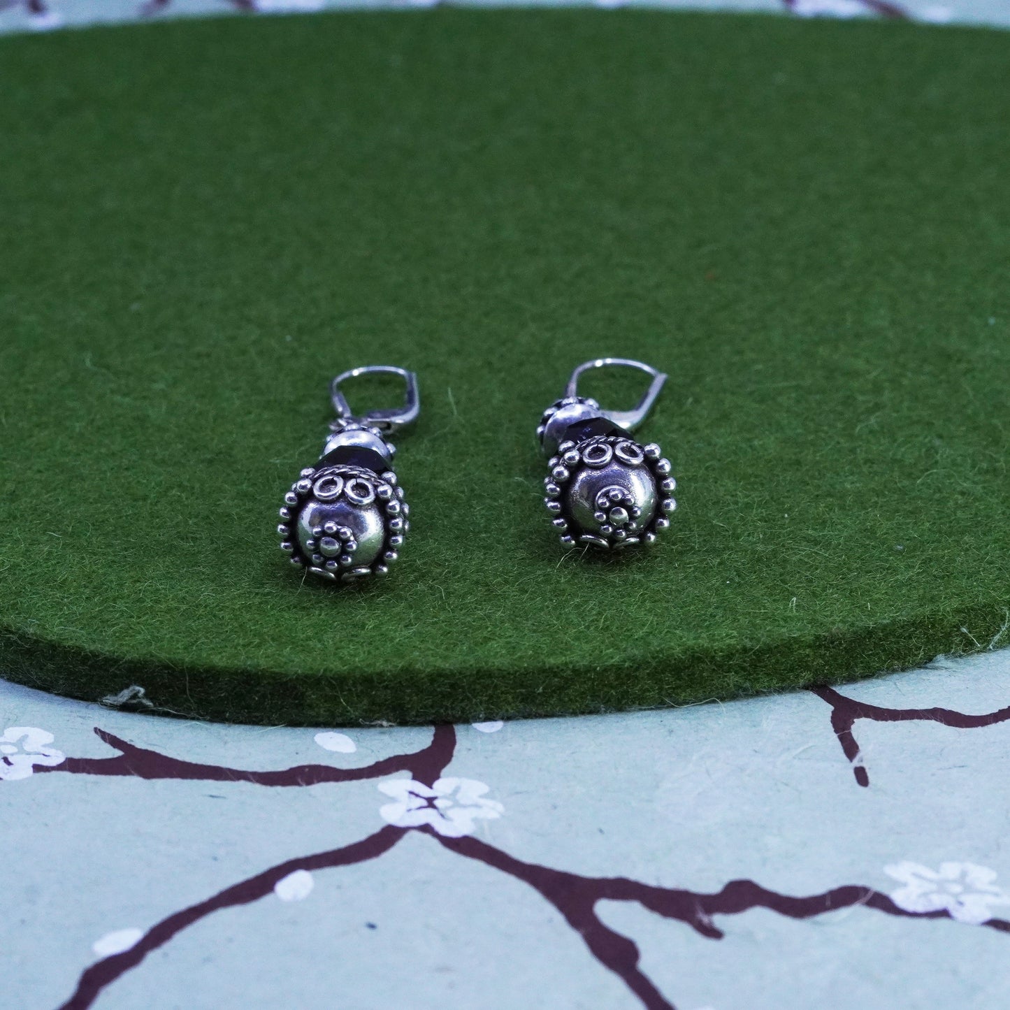 Vintage sterling 925 silver handmade earrings with smoky quartz and beads