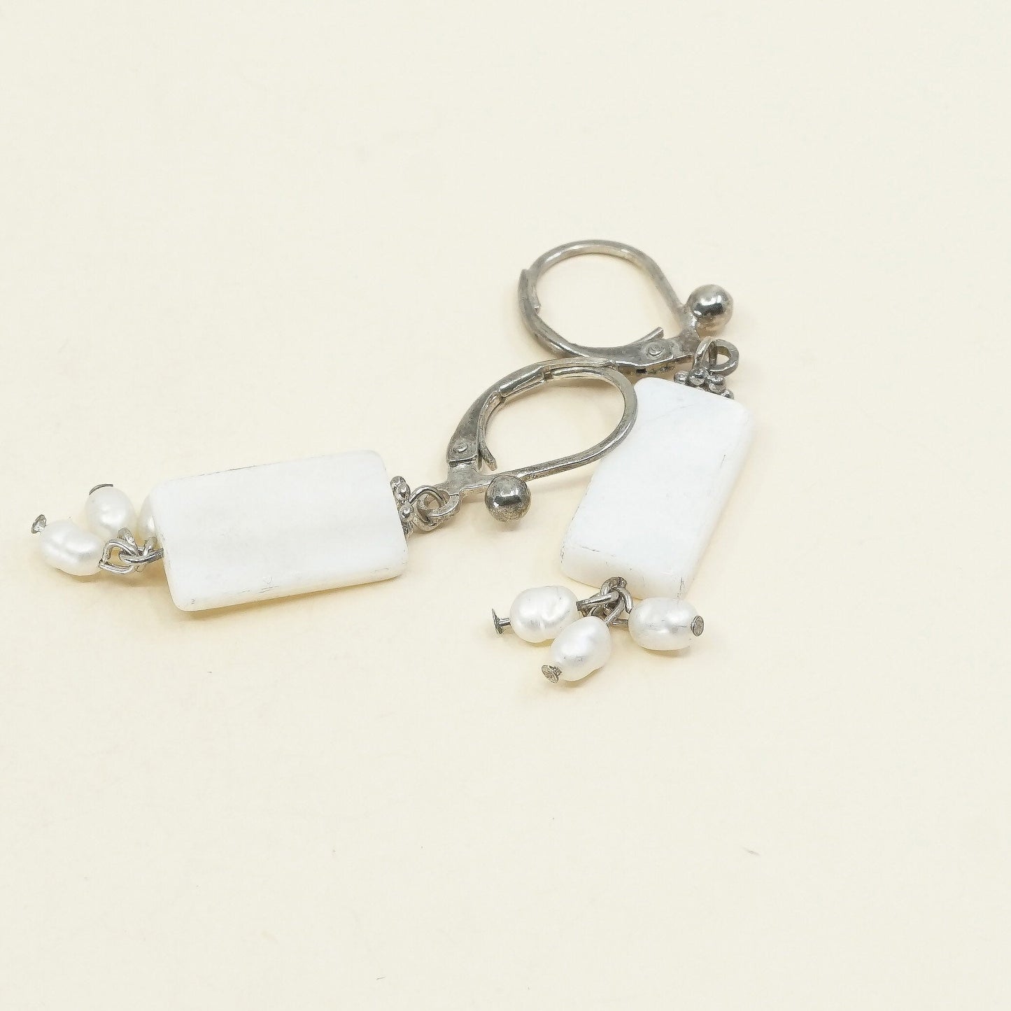 VTG sterling silver handmade earrings, 925 w/ mother of pearl tag n pearl beads
