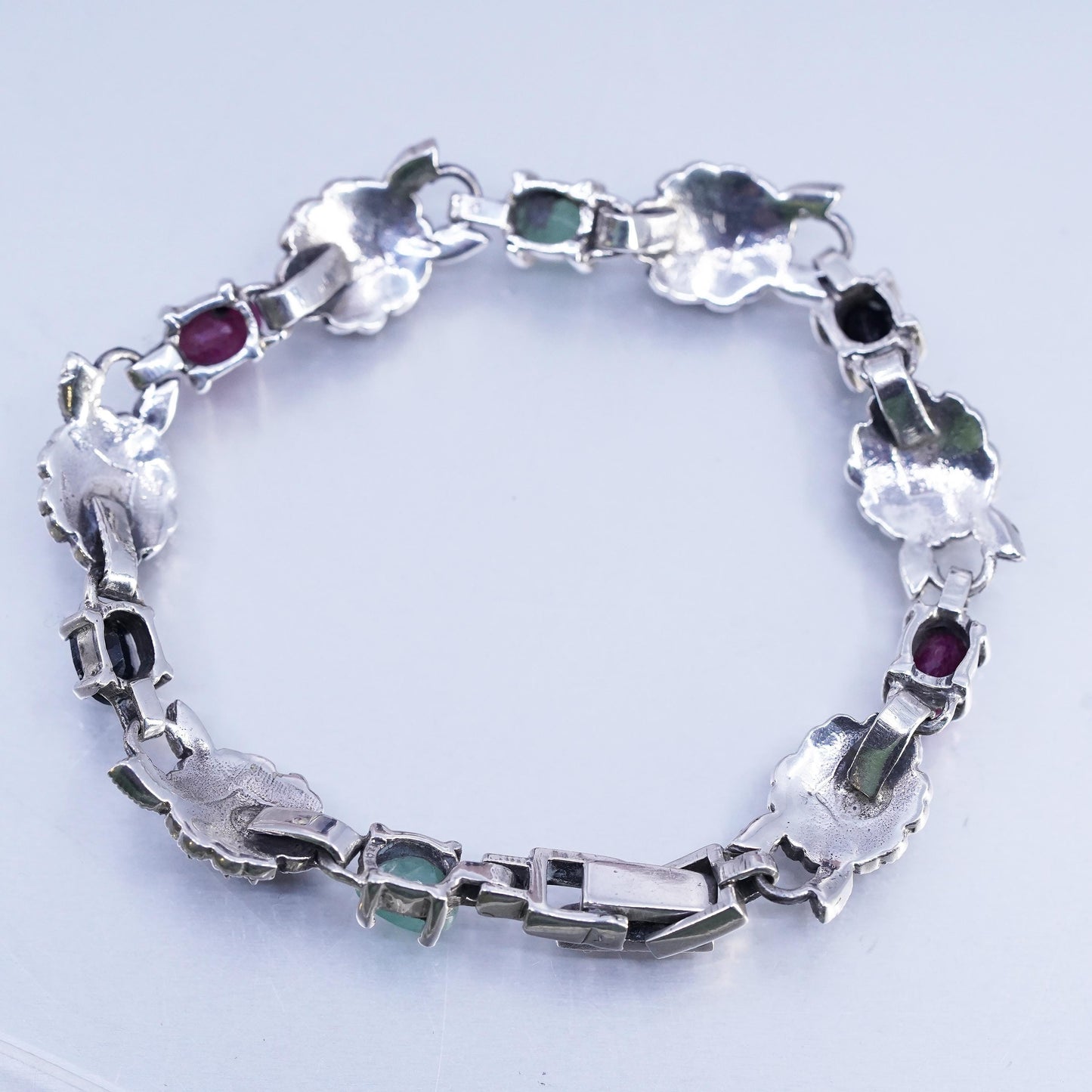 7", VTG Sterling Silver 925 Tennis Marcasite flower Bracelet ruby sapphire jade