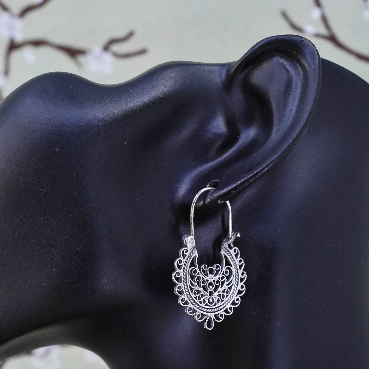 1.5”, sterling silver earrings, 925 earring huggie, filigree textured hoops