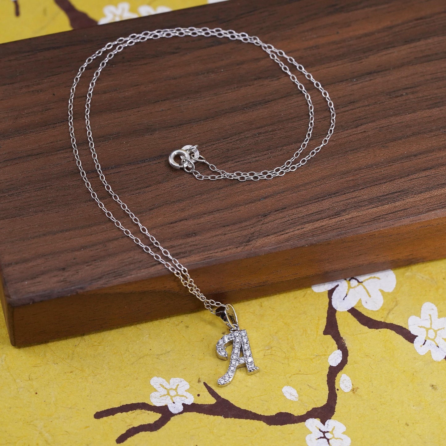 16", Italy Sterling 925 Silver Circle Chain Necklace with cz letter A Pendant
