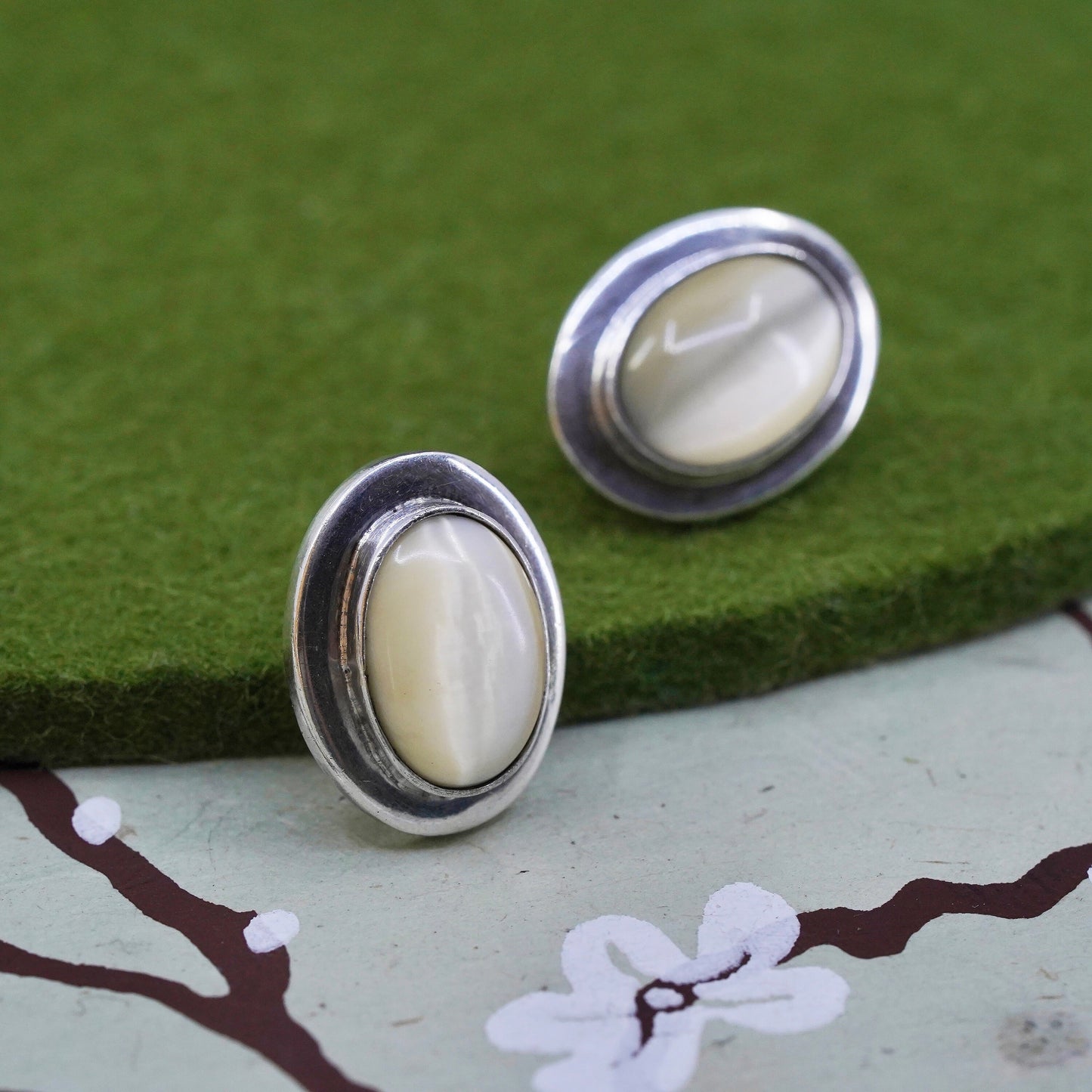 Mexican sterling silver earrings, Native American 925 studs oval cats eye