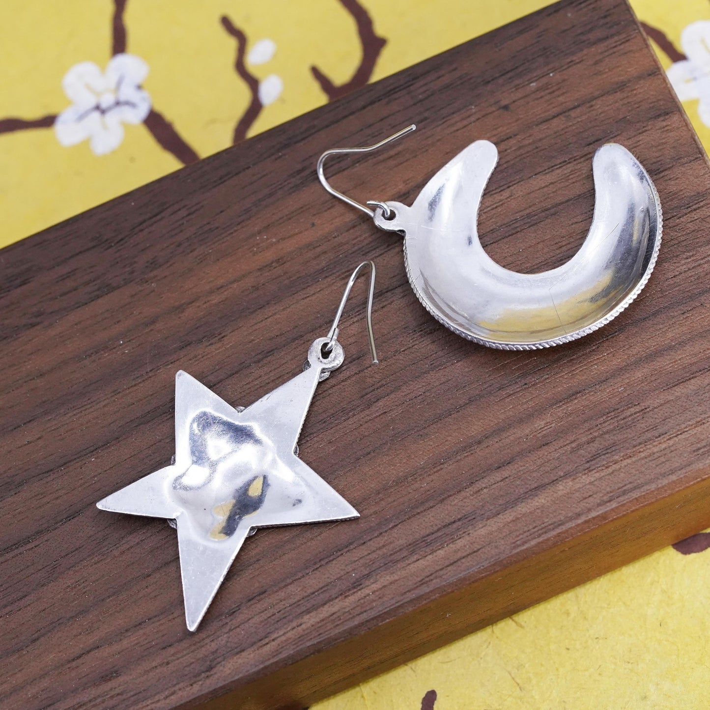 Vintage sterling silver handmade earrings, 925 moon and star drops