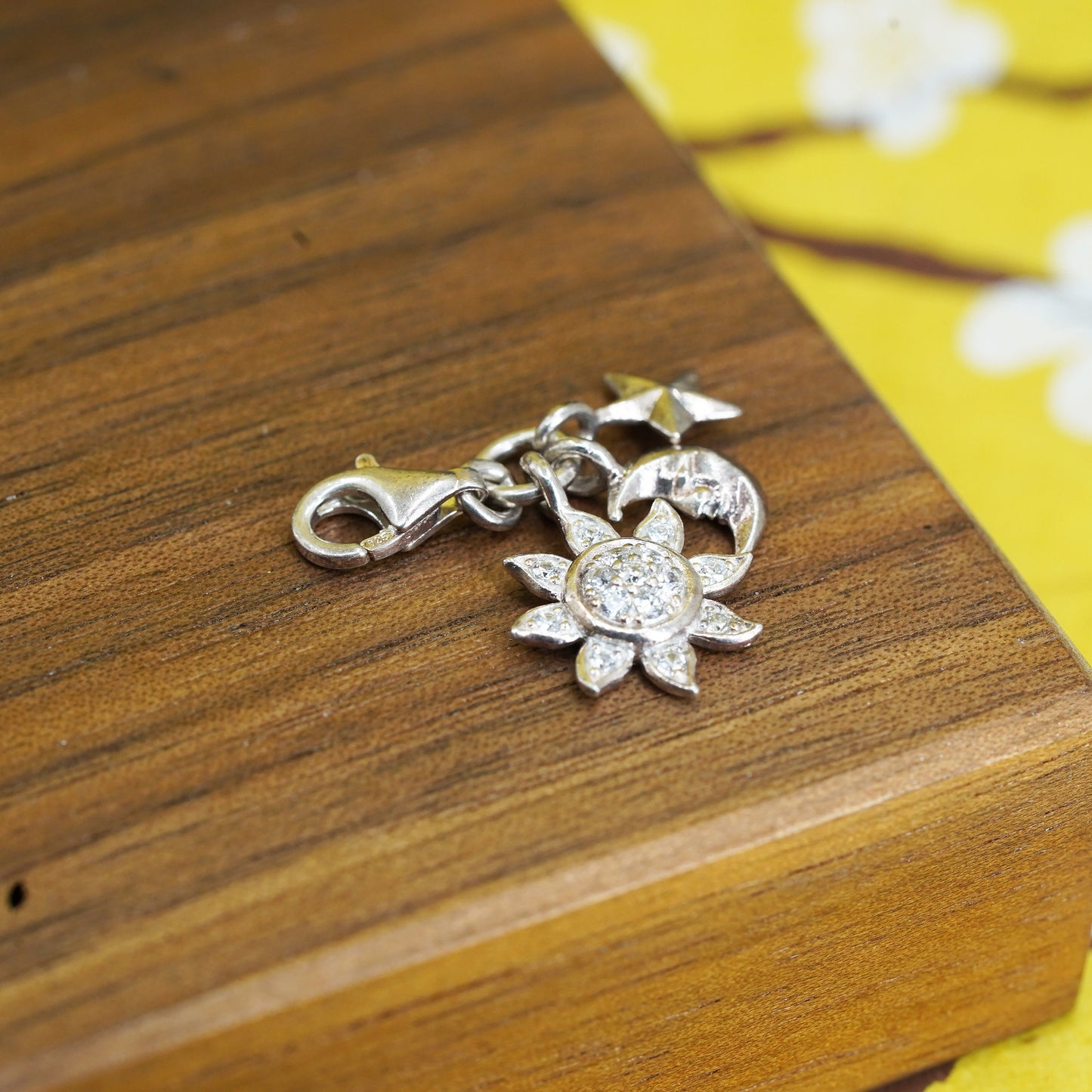 Vintage Sterling silver handmade cz pendant, 925 sun moon star charm