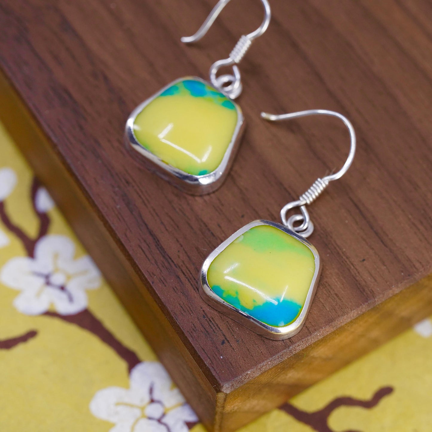 VTG Mexican sterling silver 925 handmade earrings green yellow artisan glass