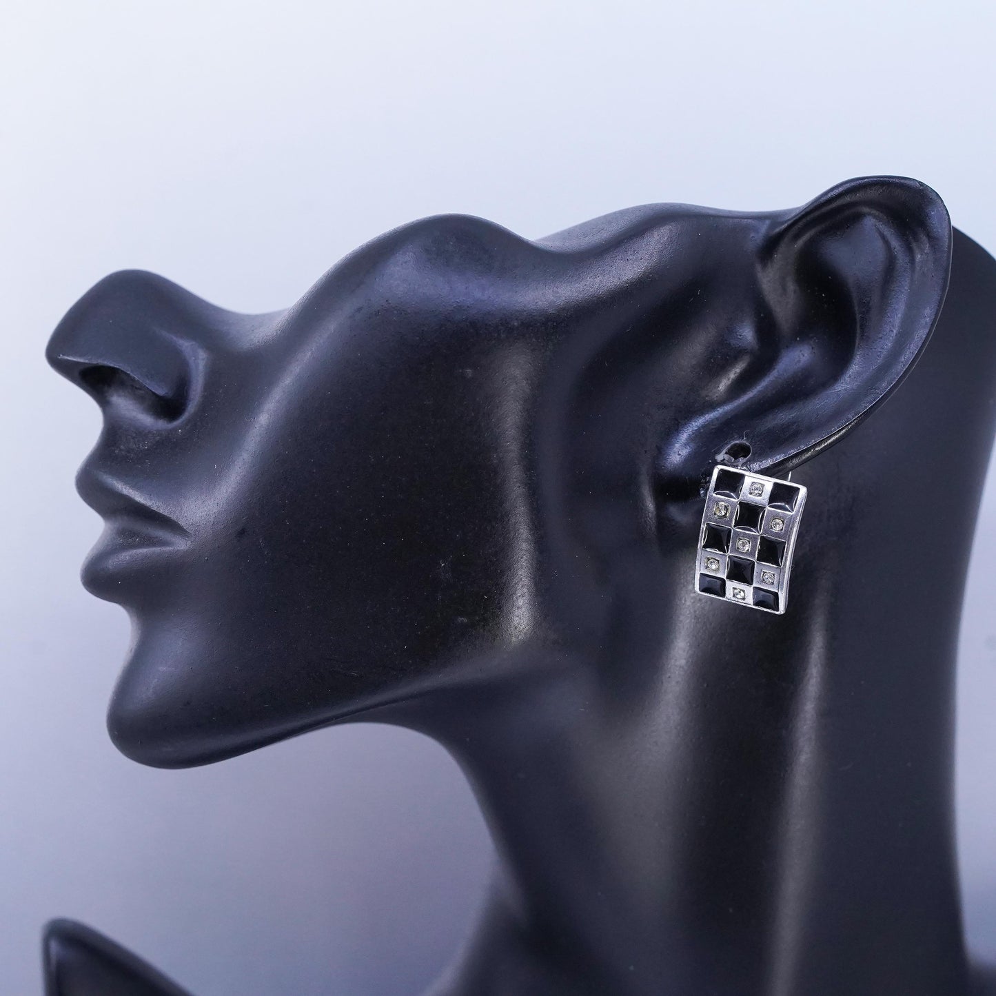 Vintage J JENAVI Designer Sterling 925 silver black enamel cz earrings, studs