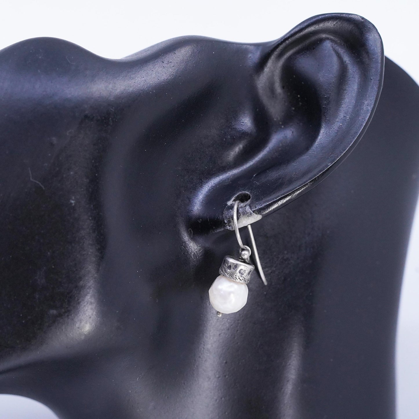 Vintage Sterling Silver Freshwater Pearl Dangle Earrings, Artisan Pearl Drops