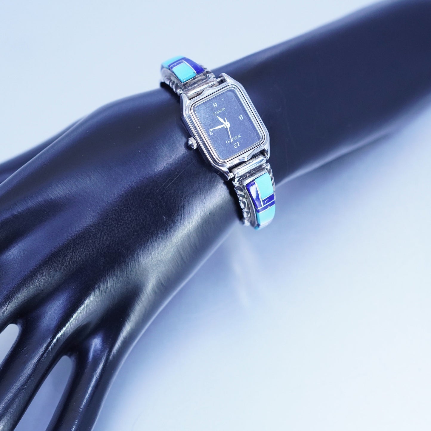 5.75”, Navajo Quartz Watch Sterling 925 silver Lapis Face Silvertone Metal Band