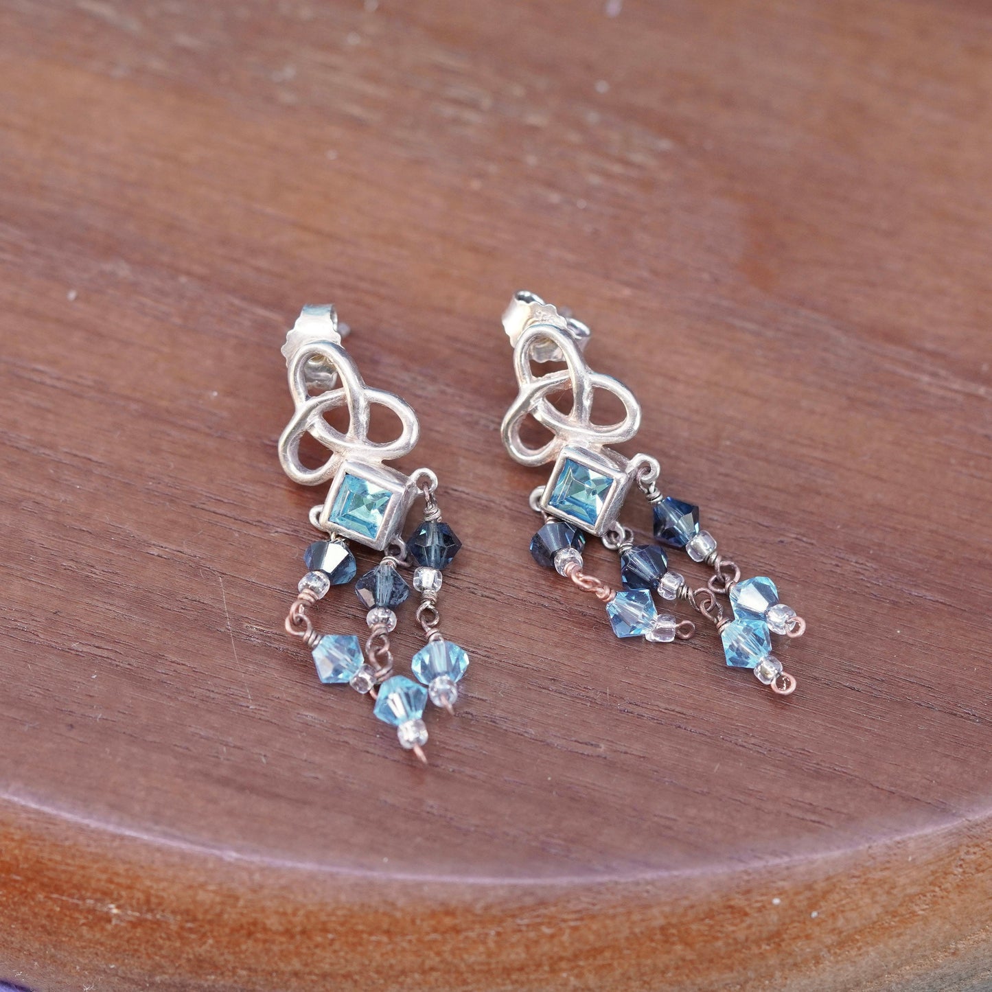 Vintage Sterling 925 silver handmade Irish Celtic knot earrings with blue topaz