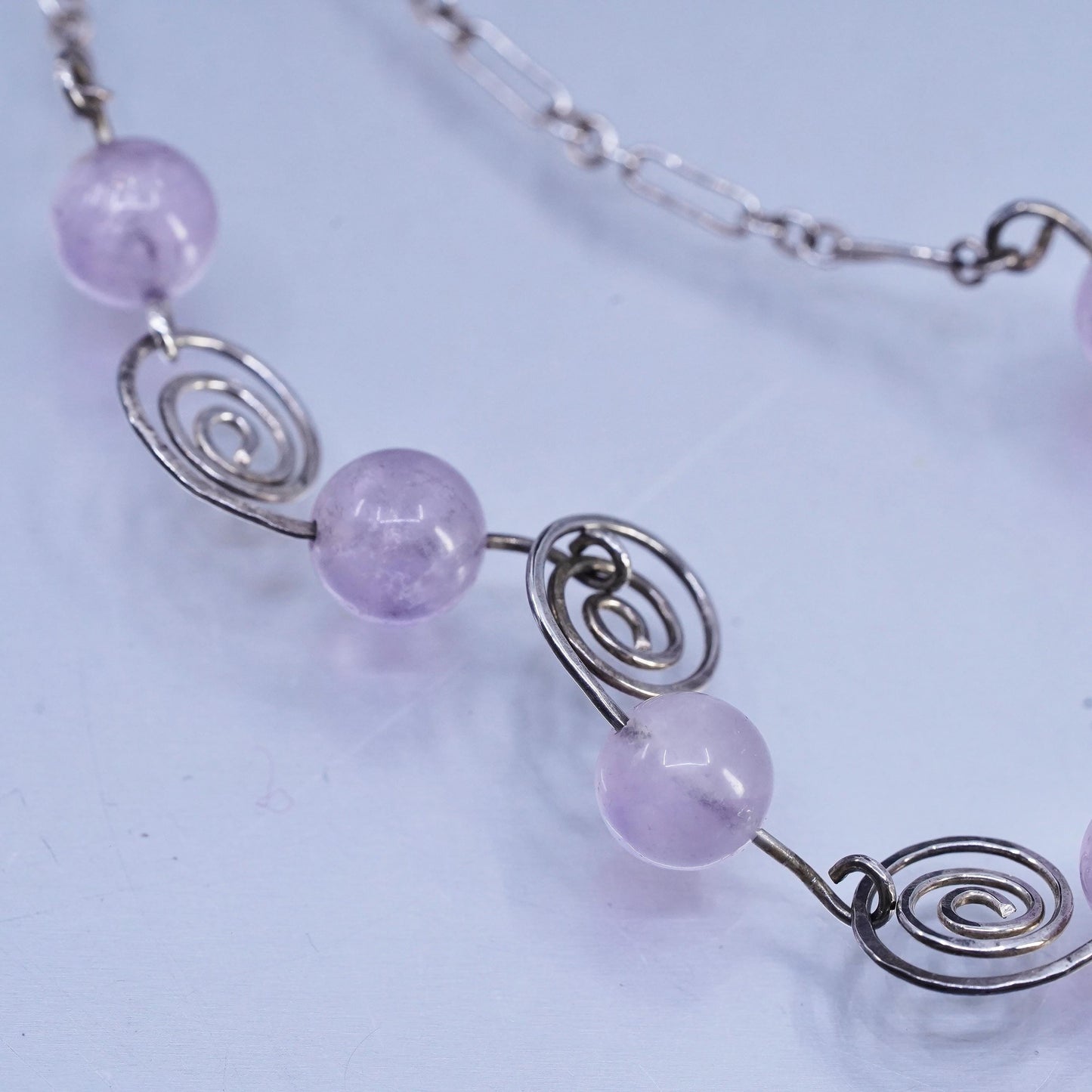 16", vintage Sterling 925 silver elongated chain necklace with amethyst beads