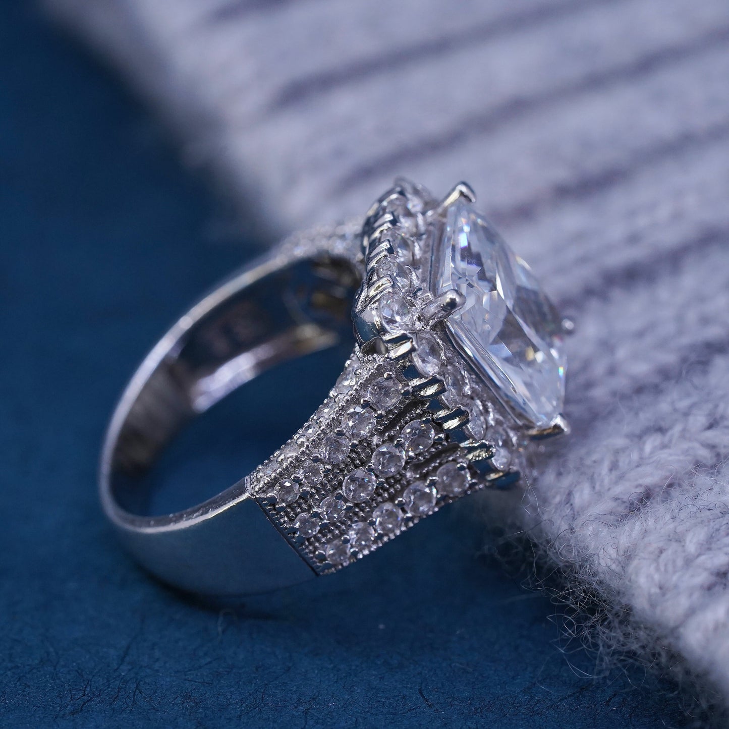 Size 9, vintage Sterling 925 silver engagement anniversary ring with cluster Cz