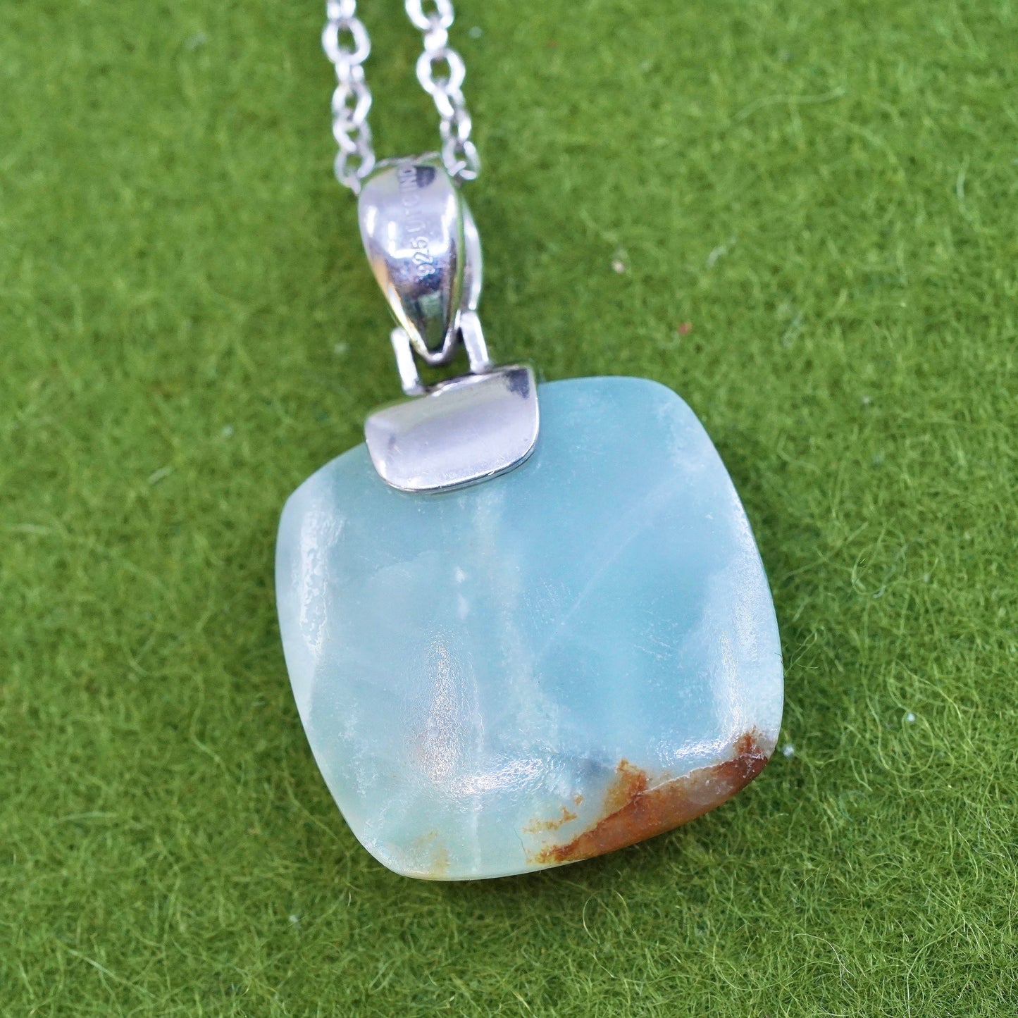 18+2”, Lucas Lameth Luc 925 Sterling Silver necklace with Omega jade pendant