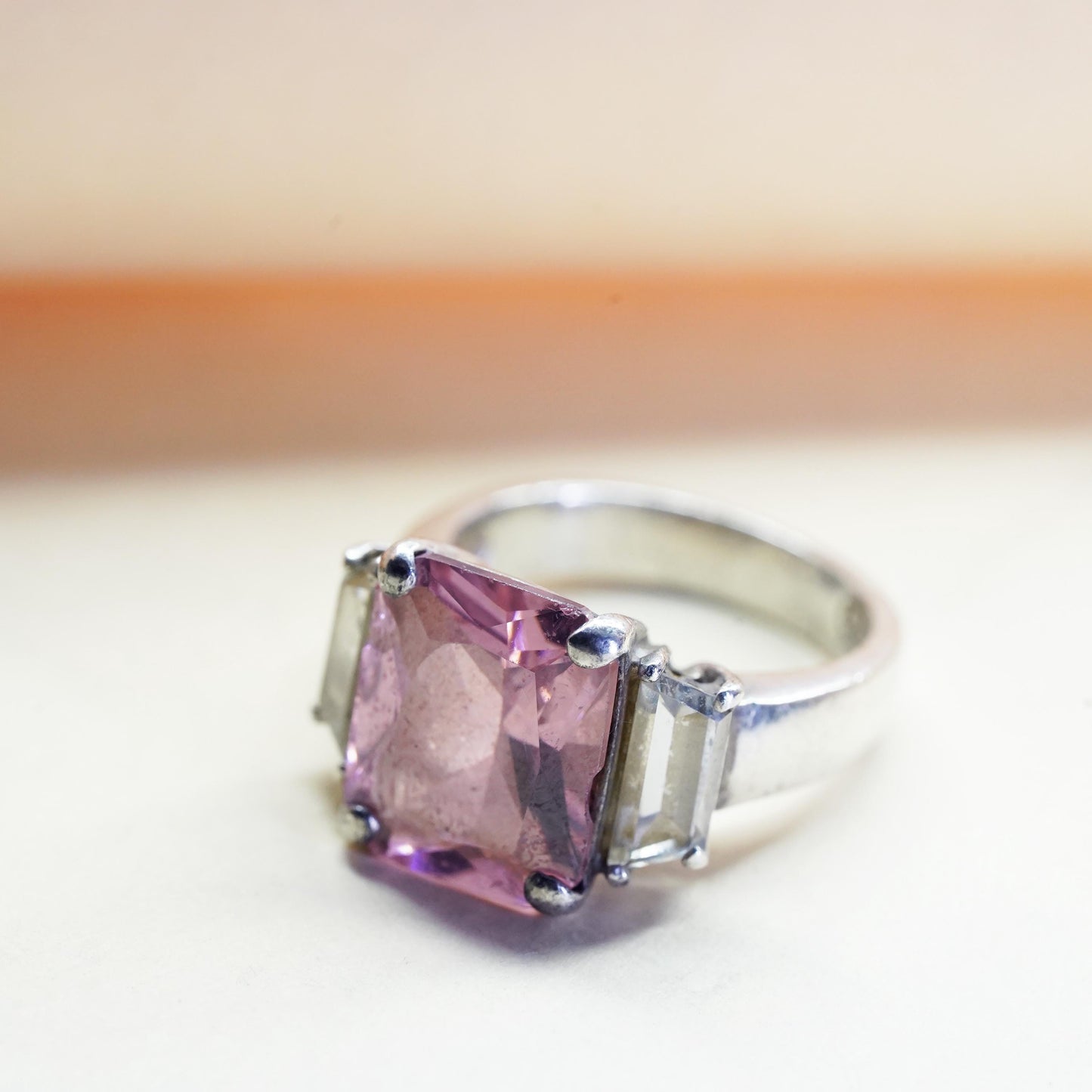 Size 8.25, Vintage Sterling 925 silver ring with square pink Quartz clear cz