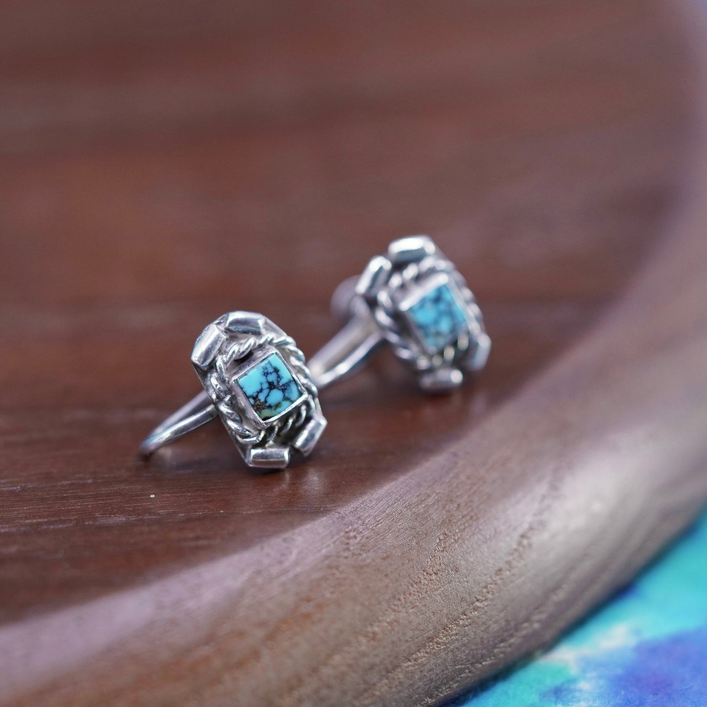 Native American Sterling silver screw back earrings spiderwebbed turquoise