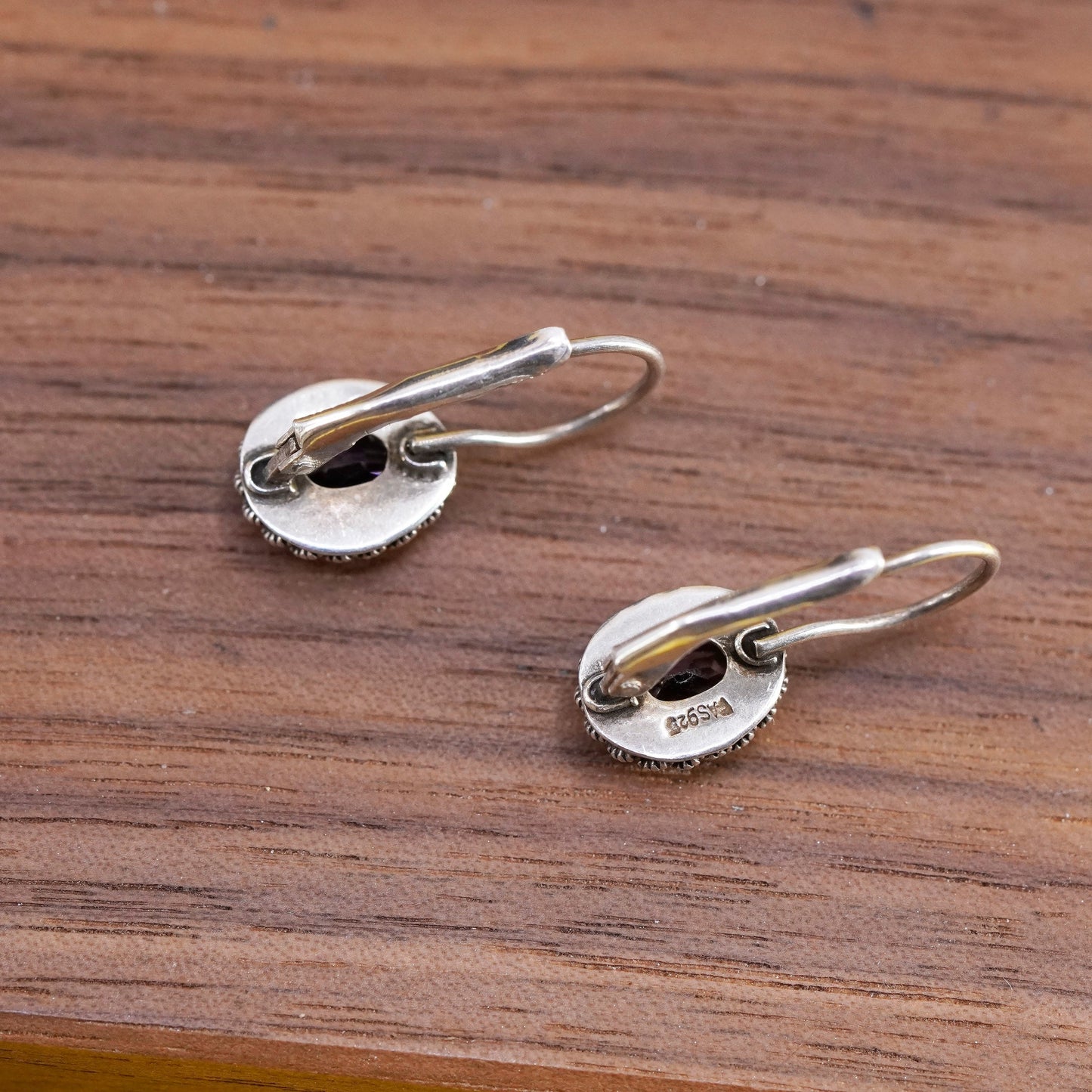 Vintage Sterling silver handmade earrings, 925 dangles with oval amethyst beads