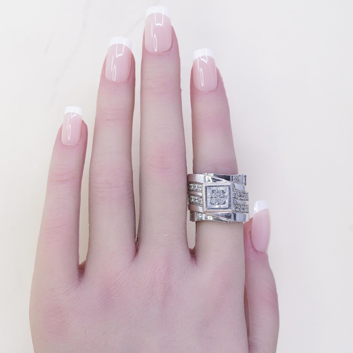 Size 7, Michael Valitutti “NH” 925 Sterling Silver CZ Ring, Wide Ribbed Ring