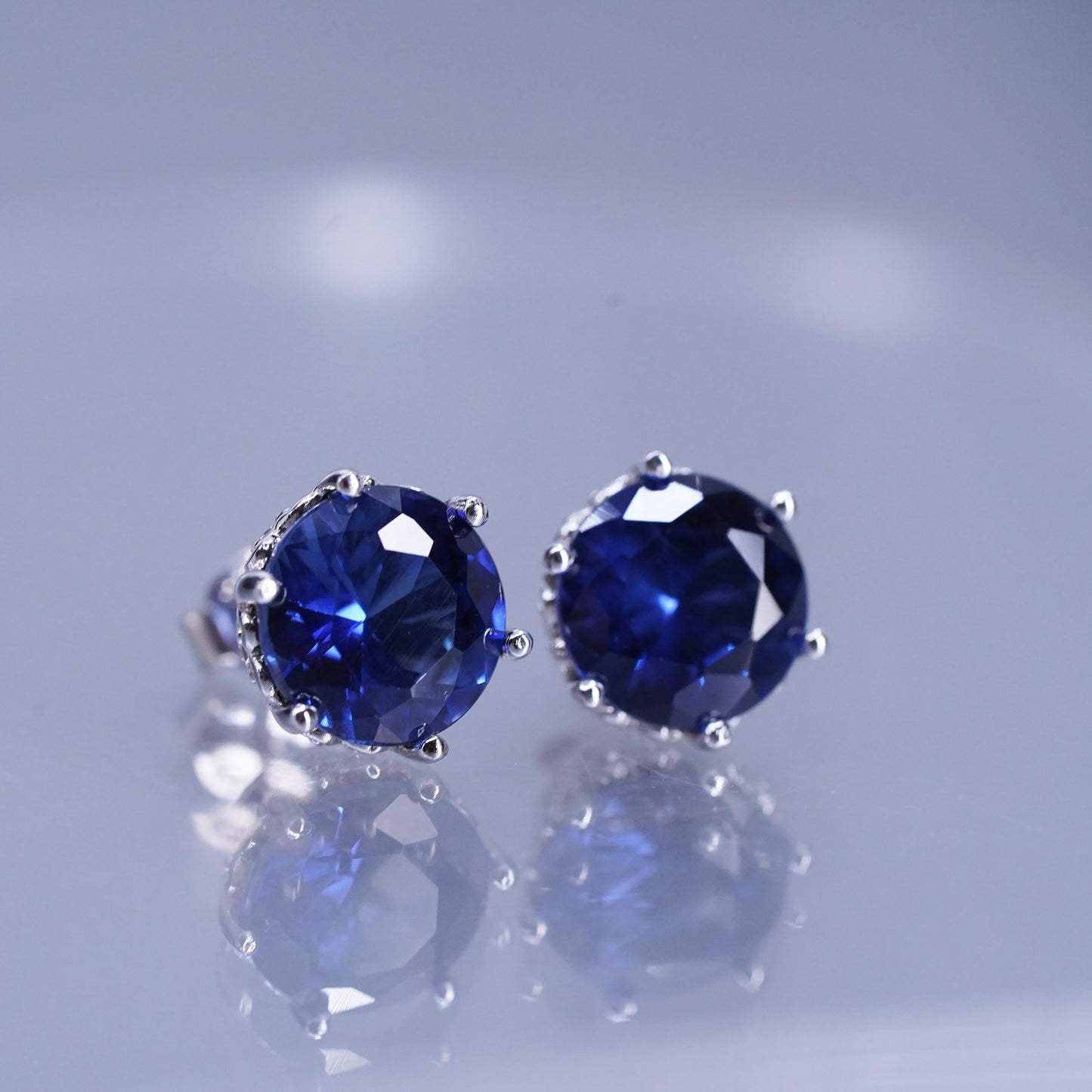 Vintage Sterling 925 silver handmade earrings, studs with sapphire cz