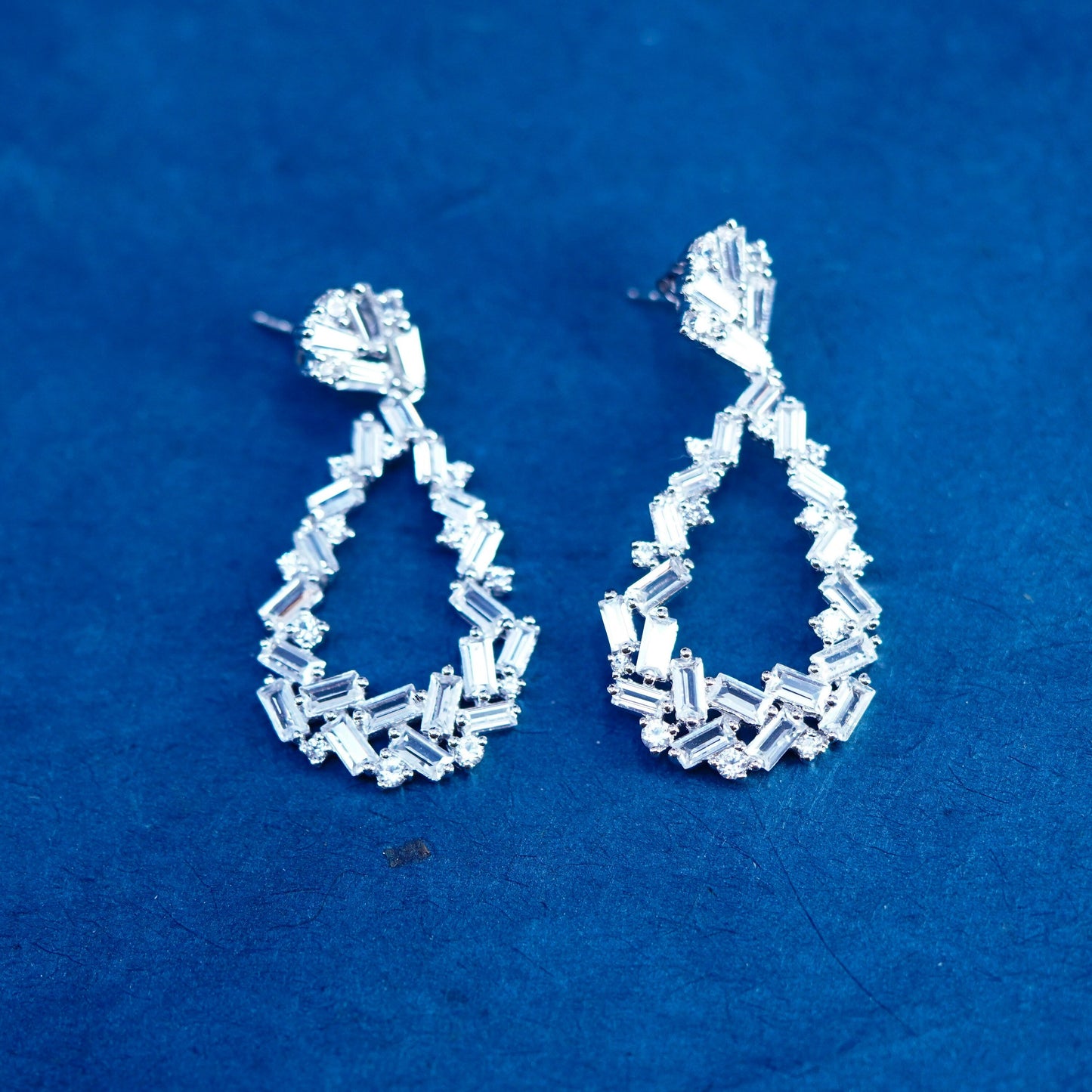 Vintage sterling 925 silver handmade earrings with cluster cz teardrop drops