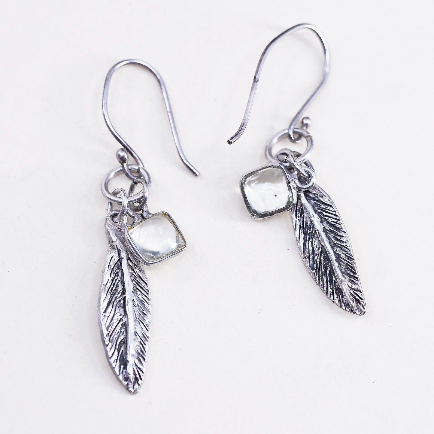 Vintage southwestern Sterling silver earrings, 925 feather with crystal charms