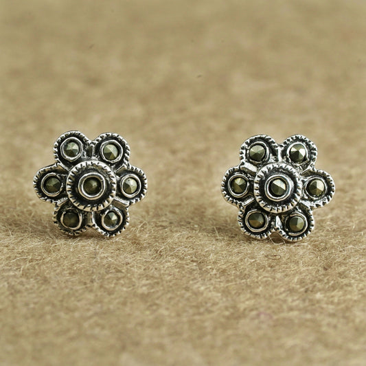 Vintage Sterling 925 silver handmade flower earrings, studs with Marcasite