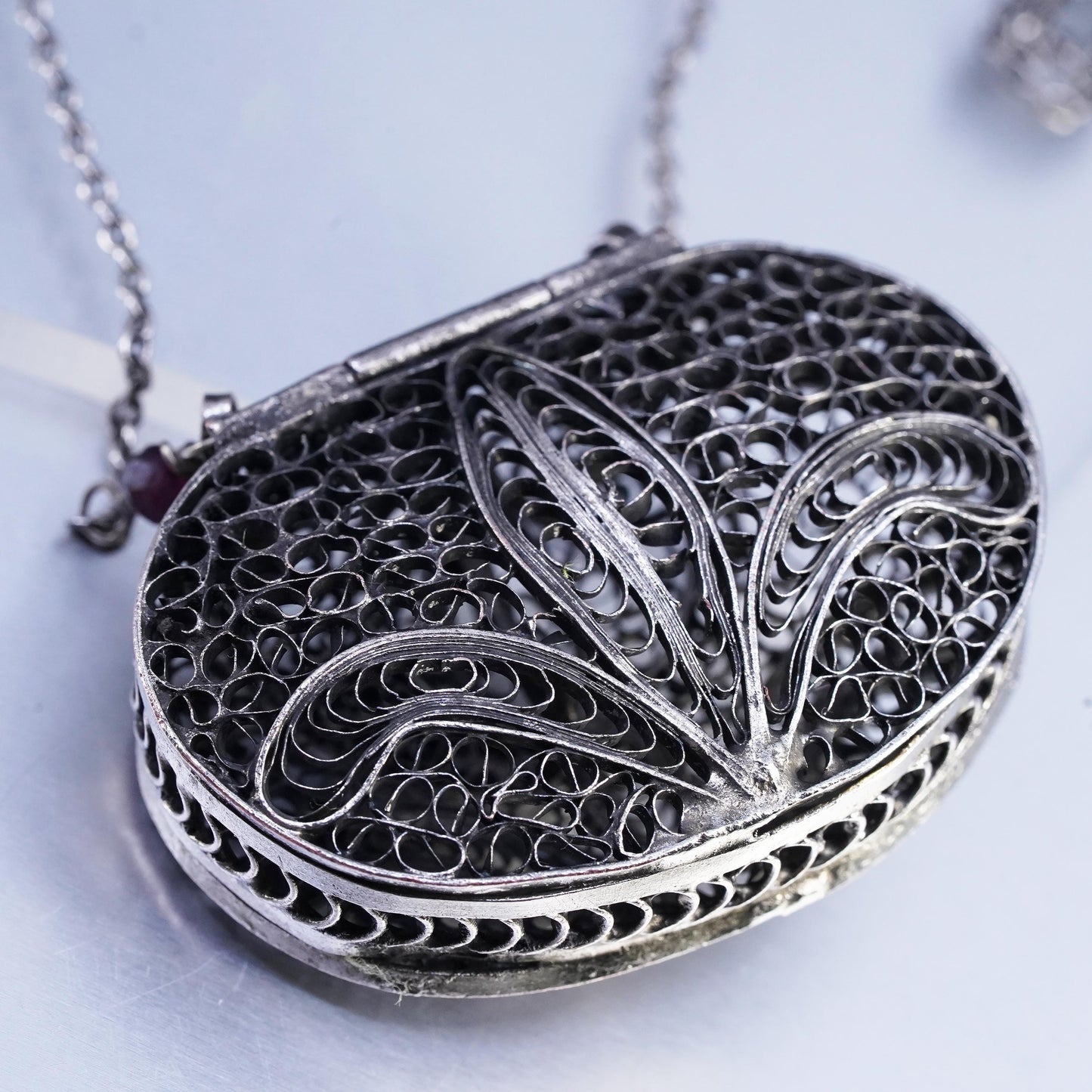 32", Sterling 925 silver necklace filigree purse bag pocket locket pendant