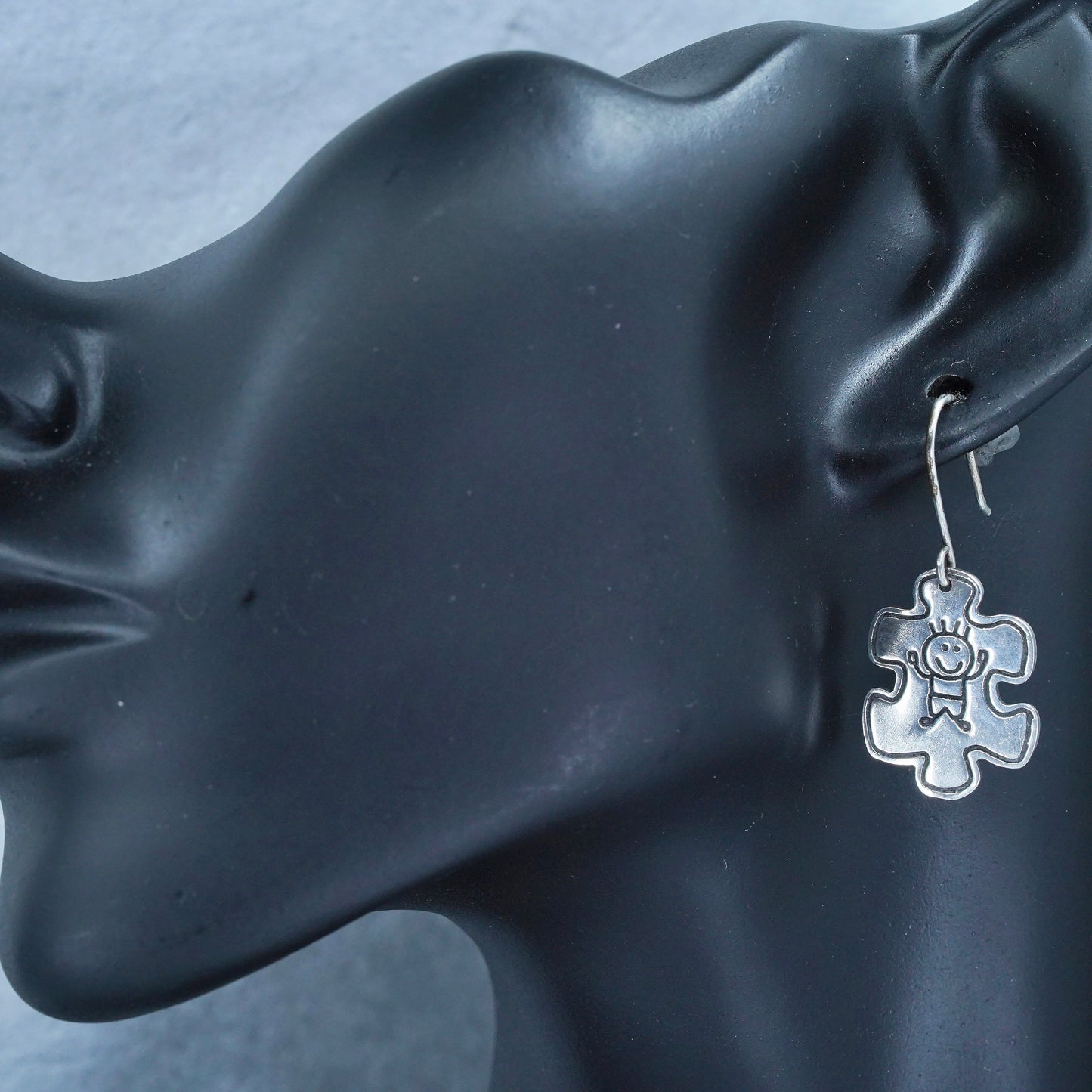 Vintage Mexican Sterling 925 silver handmade puzzle earrings embossed boy