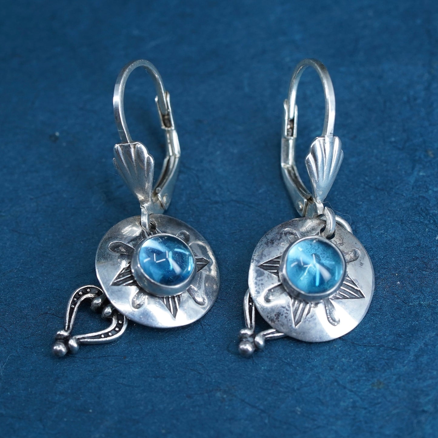 Vintage sterling 925 silver handmade sun earrings w/ blue crystal heart charms