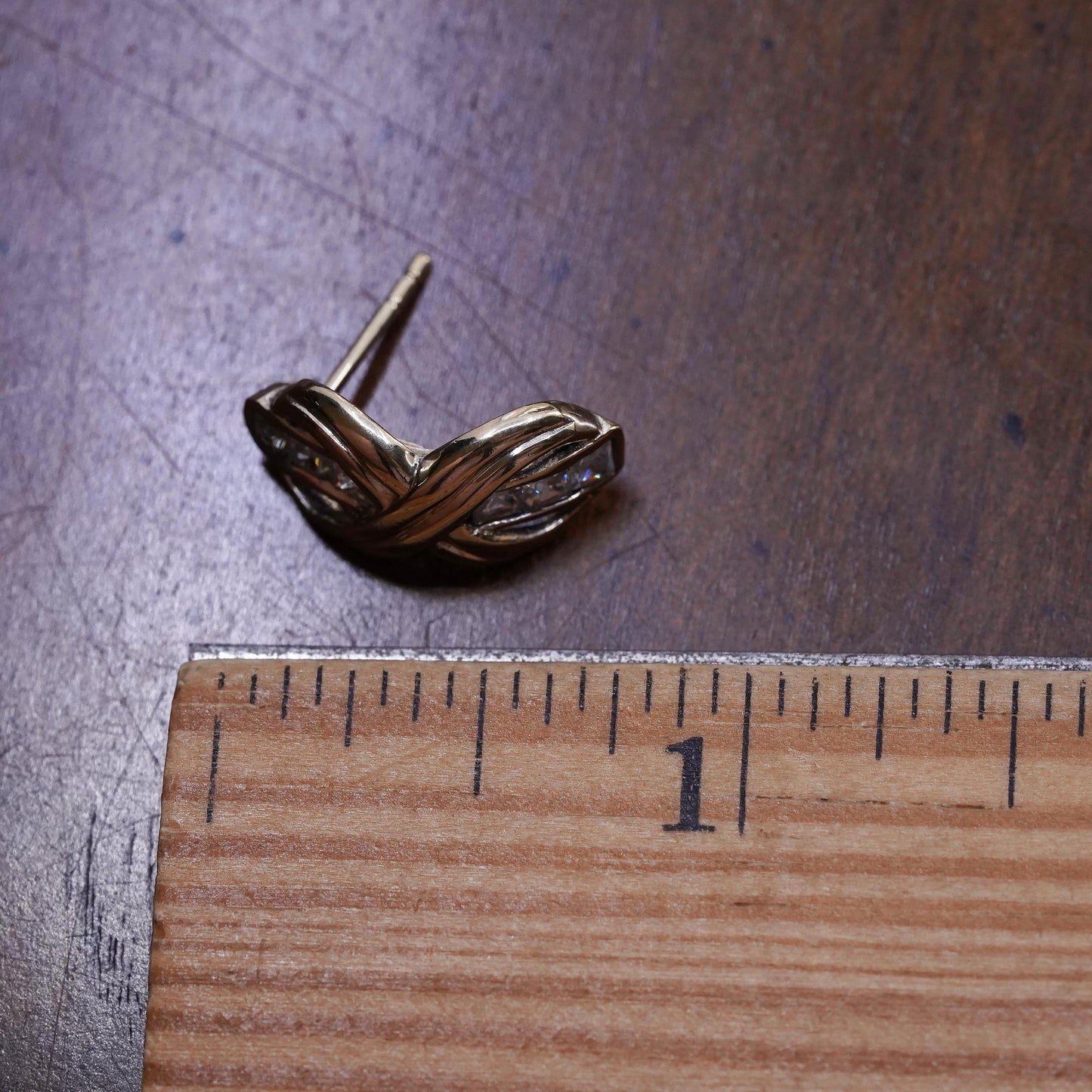 Vintage vermeil gold over Sterling 925 silver stud with cz, single earring