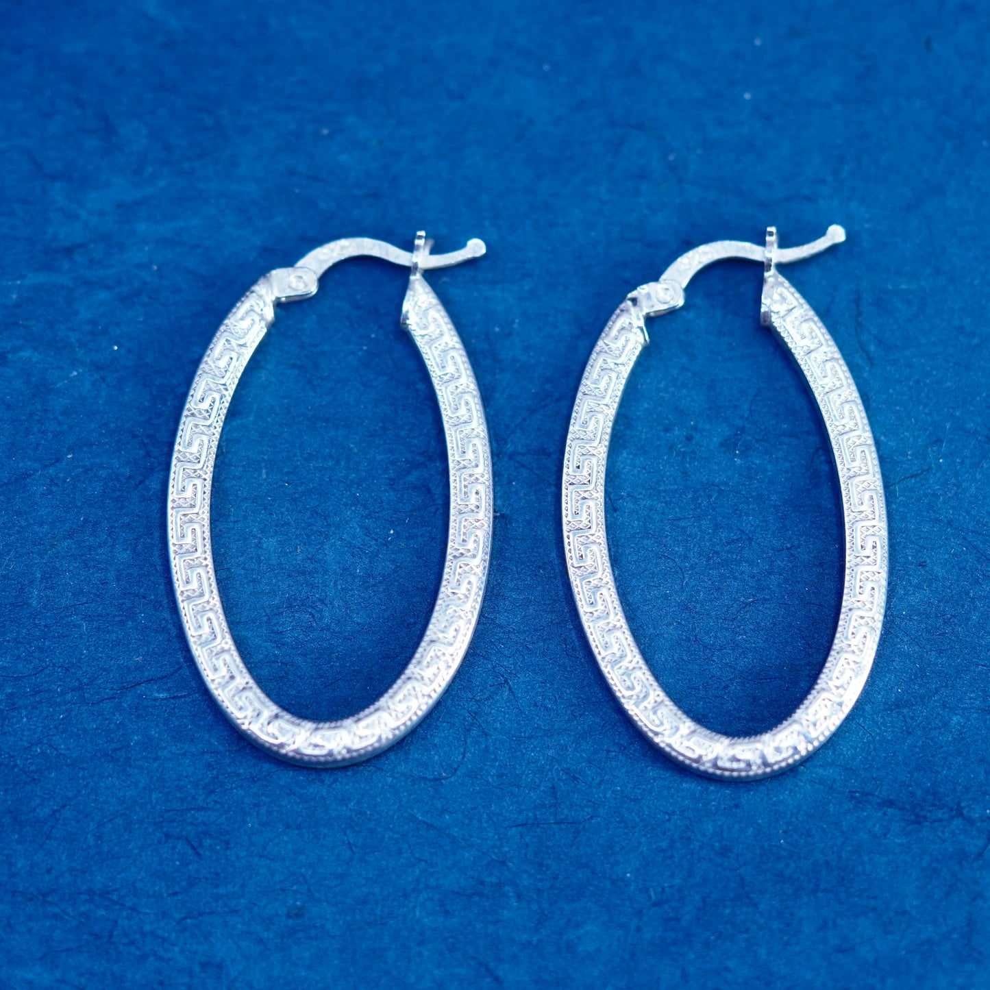 1.5”, Sterling silver earrings, 925 oval Greek key pattern engraved hoops