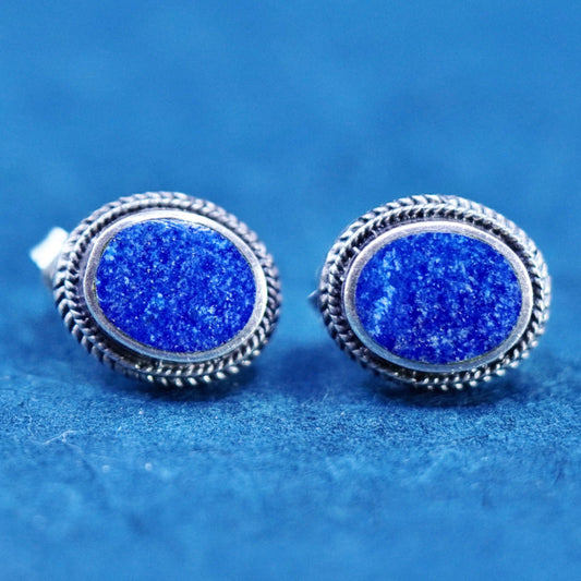 Vintage sterling silver handmade earrings, 925 oval studs lapis lazuli cable
