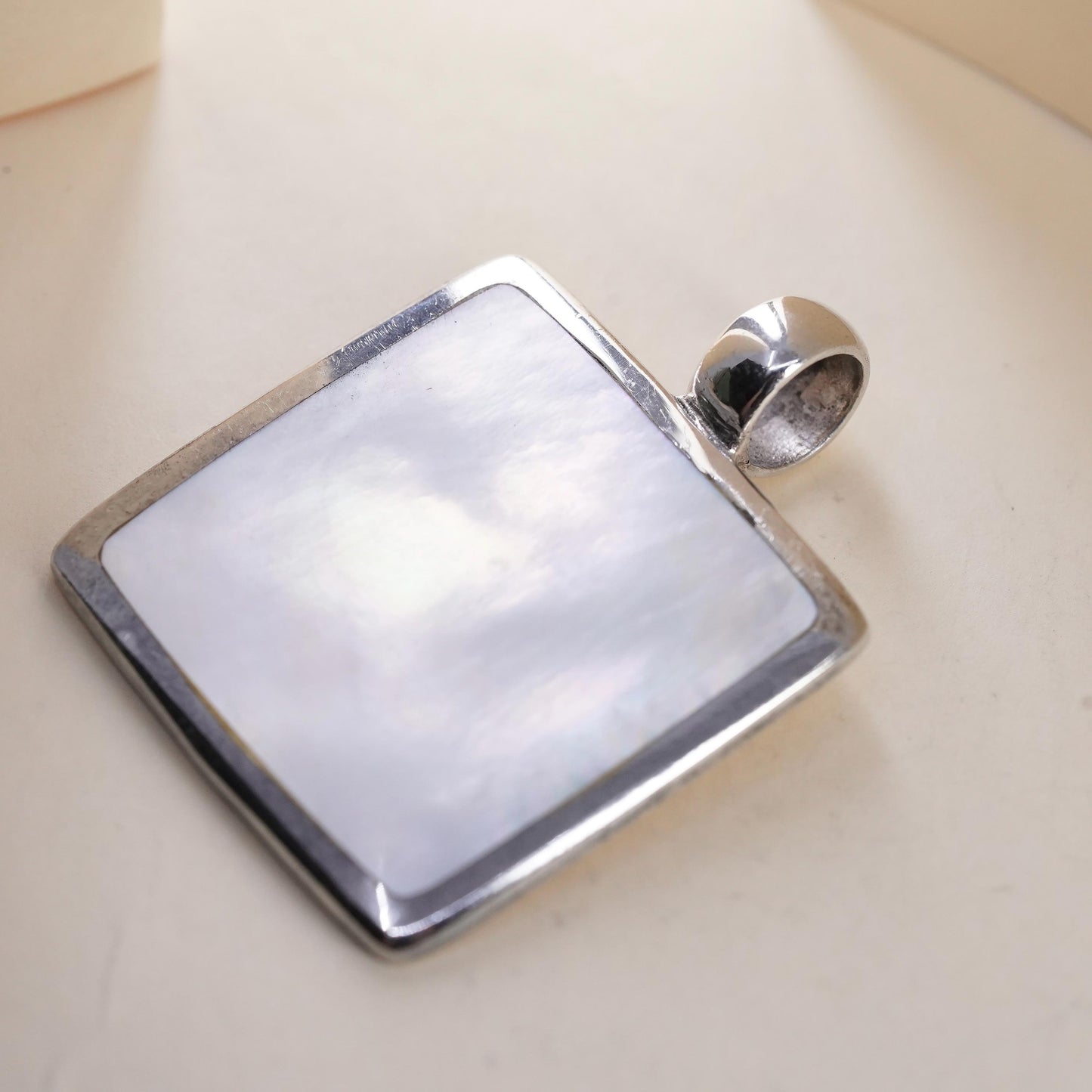Vintage sterling 925 silver handmade square pendant with mother of pearl inlay