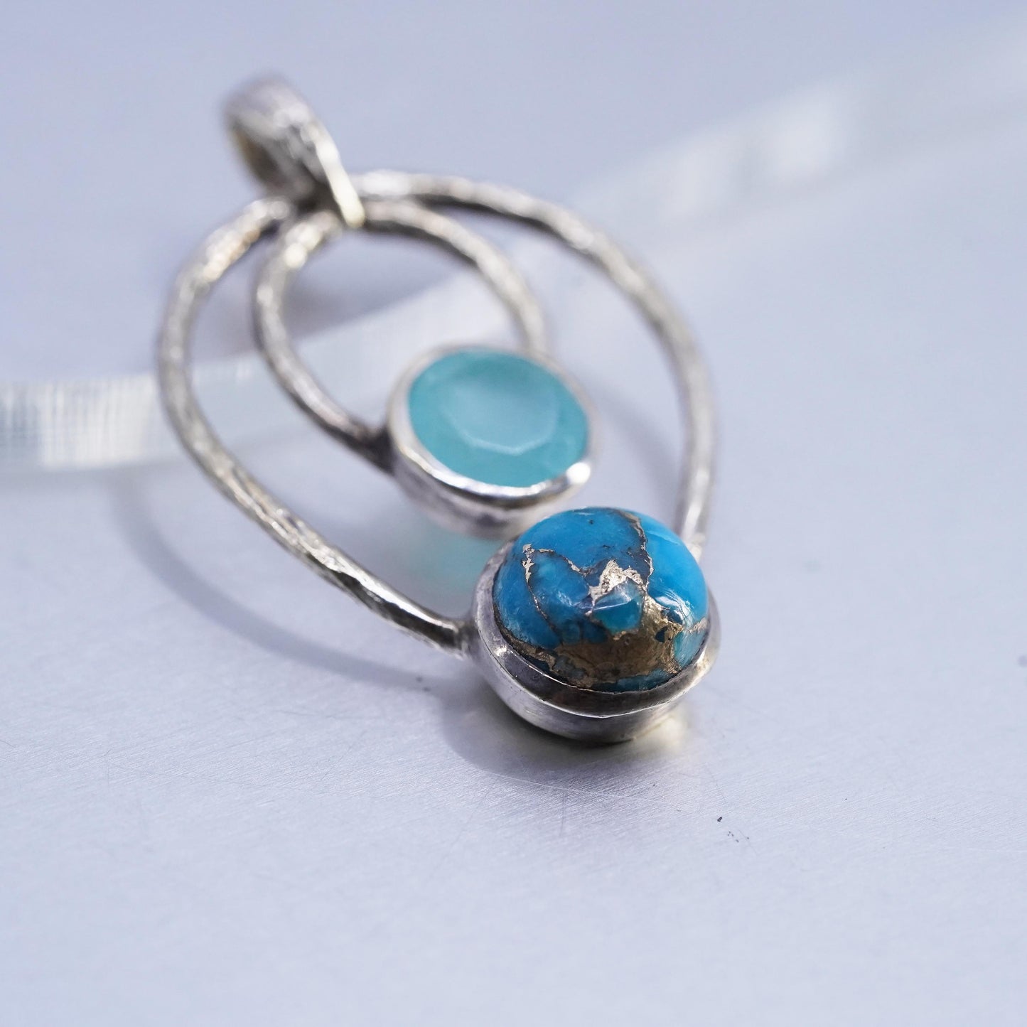 Vintage sterling 925 silver textured pendant with blue Chalcedony and turquoise