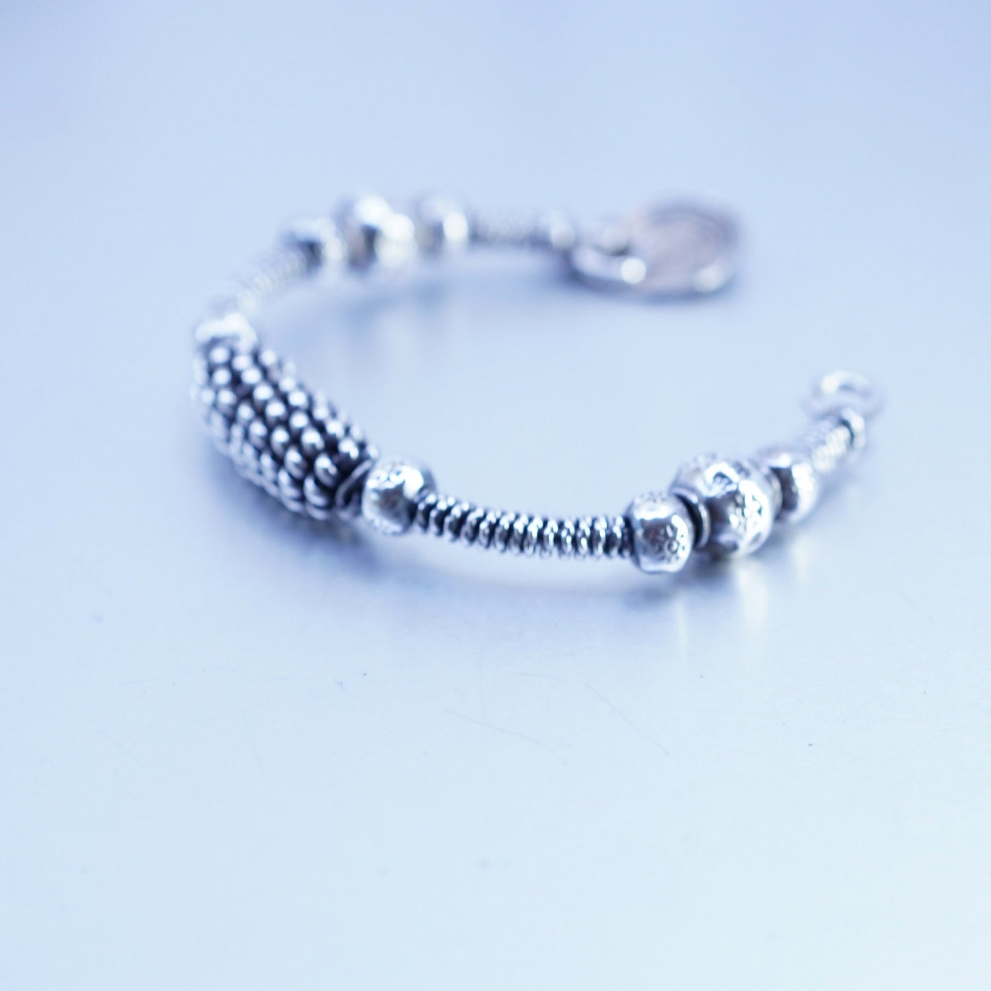 7.5”, Sterling 925 silver handmade bracelet, twisted cable cuff sprial charm