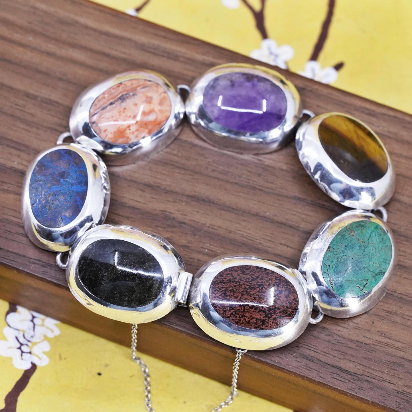 7.75", Mexican AM Sterling 925 silver bracelet turquoise obsidian jasper onyx