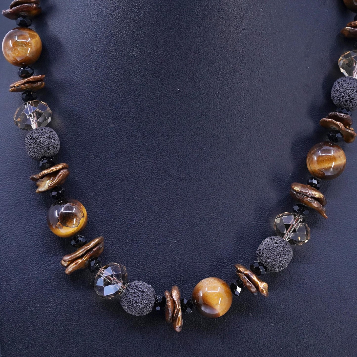 18+1”, Tiger’s Eye, Baroque Pearl sterling silver 925 Necklace Lava Stone Beads