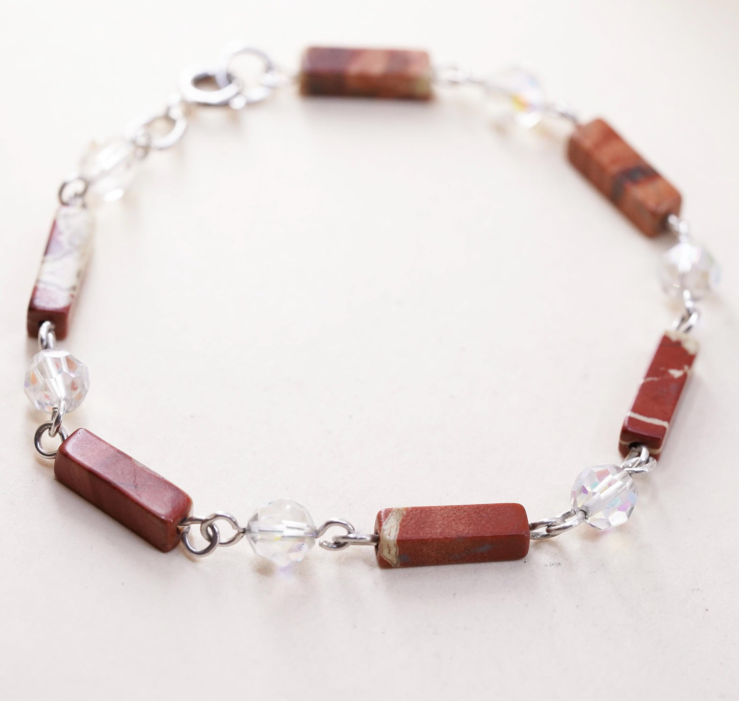 7", vintage Sterling 925 silver handmade bracelet with red jasper tubes