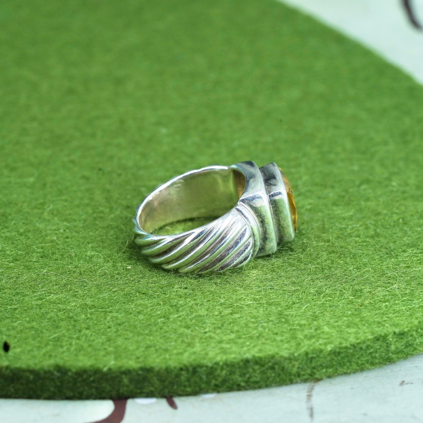 Size 6.5, vintage Sterling silver handmade ring, ribbed 925 band with citrine