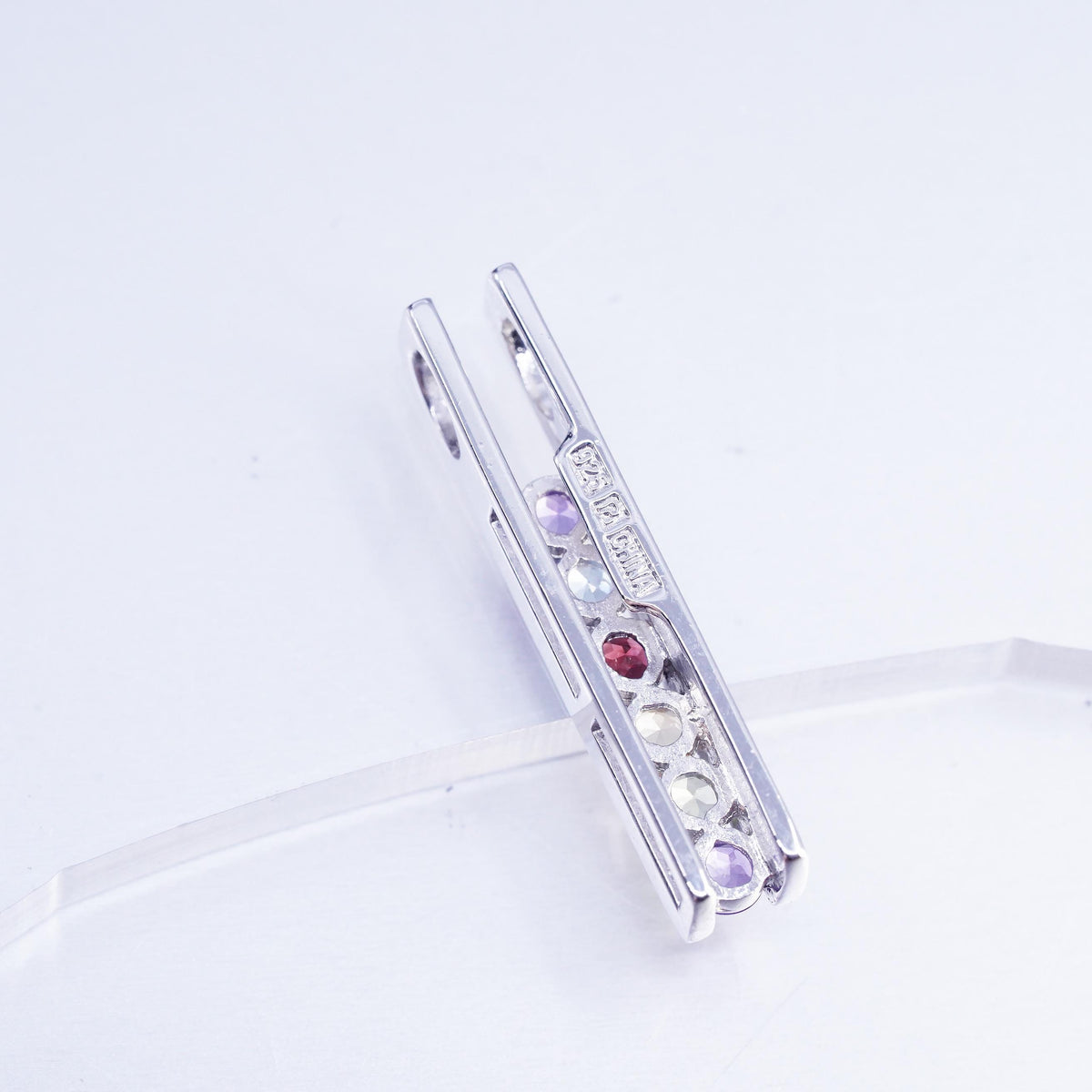 VTG Sterling Silver Multi Gemstone Bar Pendant, Amethyst Garnet Citrine Rainbow