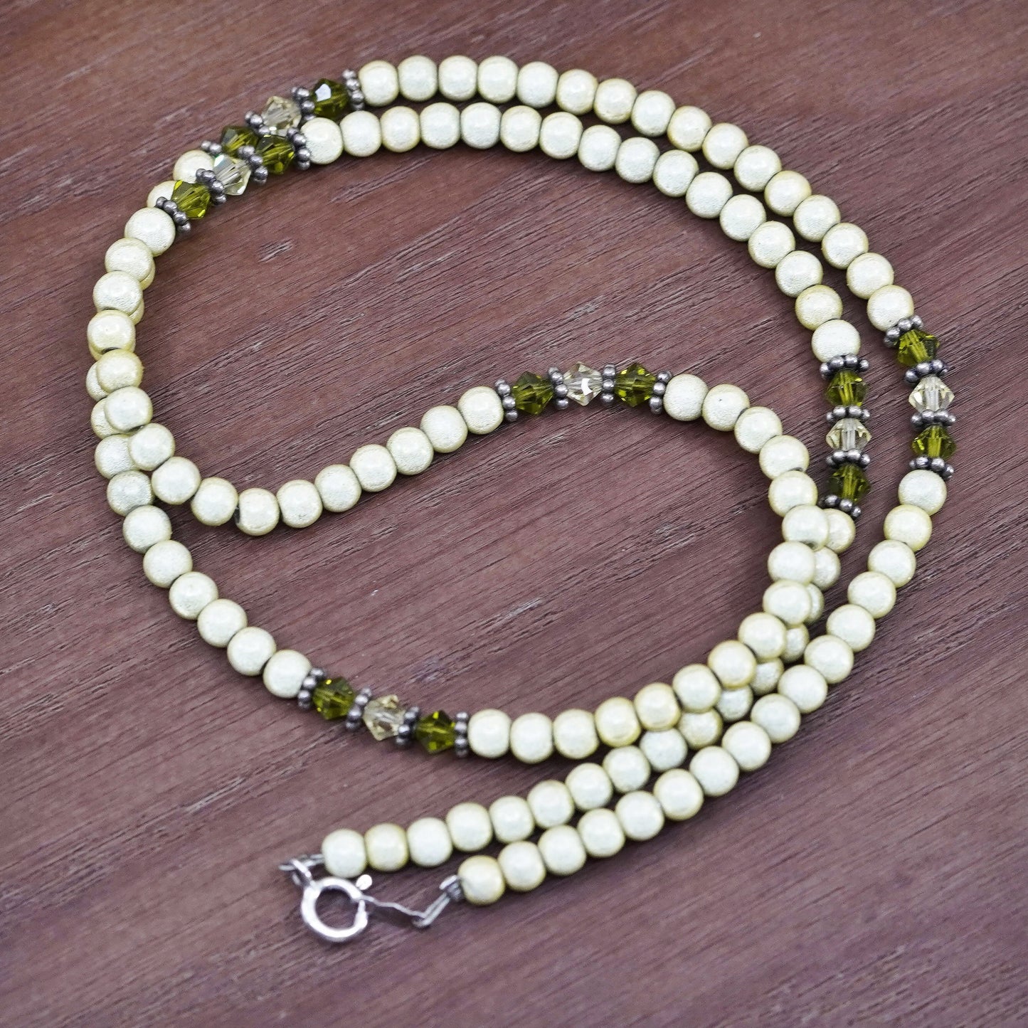 20” vintage sterling 925 silver handmade necklace with green glass beads