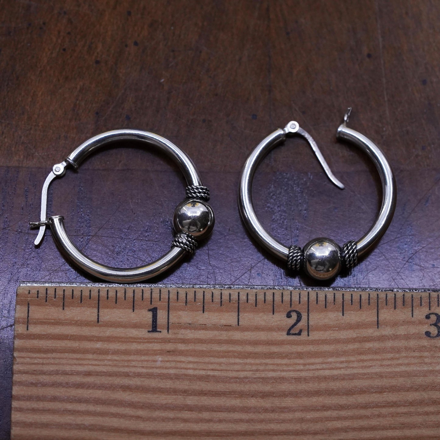 1.25", Indonesia Sterling silver earrings, 925 huggie hoops wired detail beads