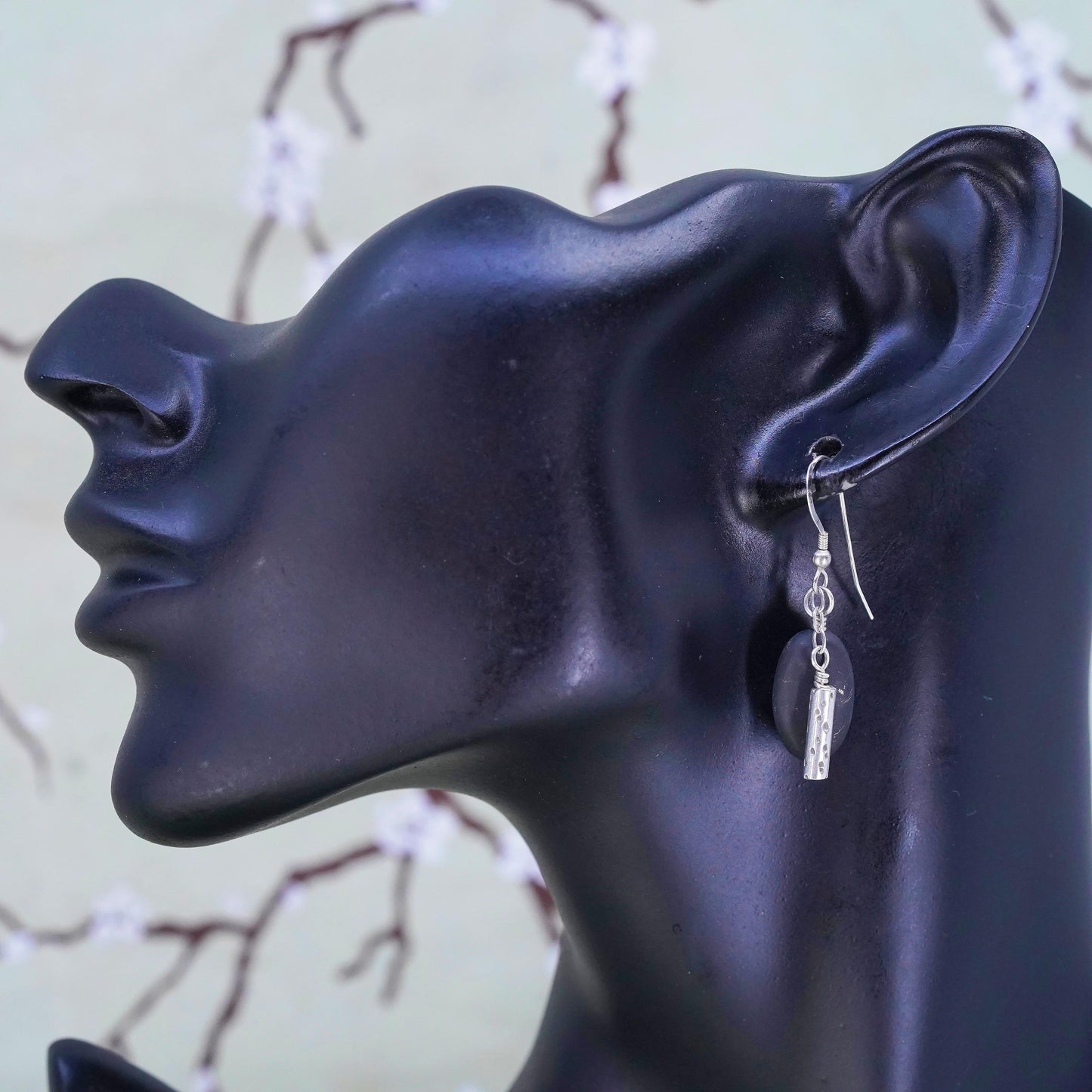 Vintage sterling 925 silver handmade earrings with pebble stone Dangles