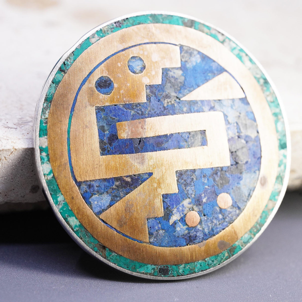 Mexico Sterling 925 Silver Lapis Lazuli Turquoise Copper Southwestern Brooch