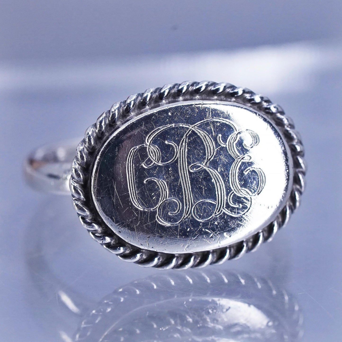 Size 7, Sterling 925 silver handmade heart ring, monogram initial “CEB” band