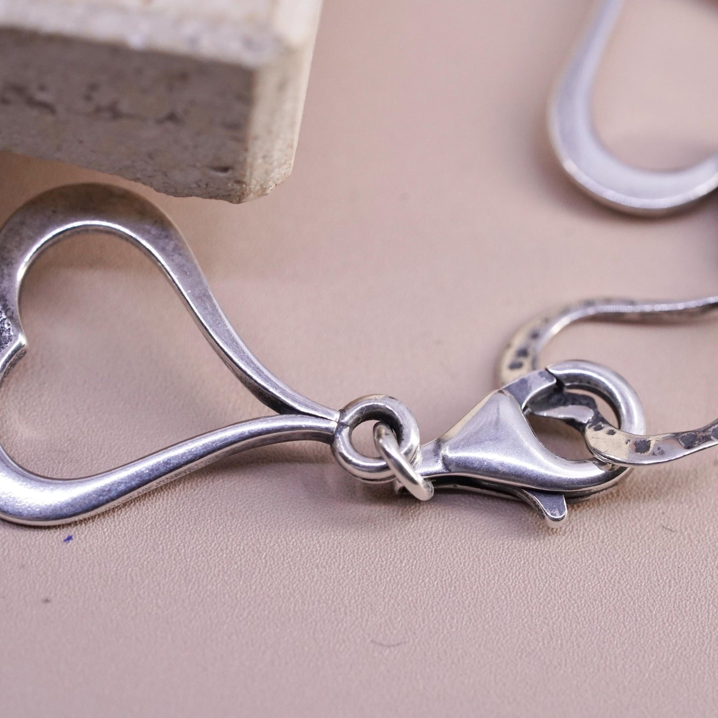 7.25”, vintage Sterling 925 silver handmade chain bracelet with heart links
