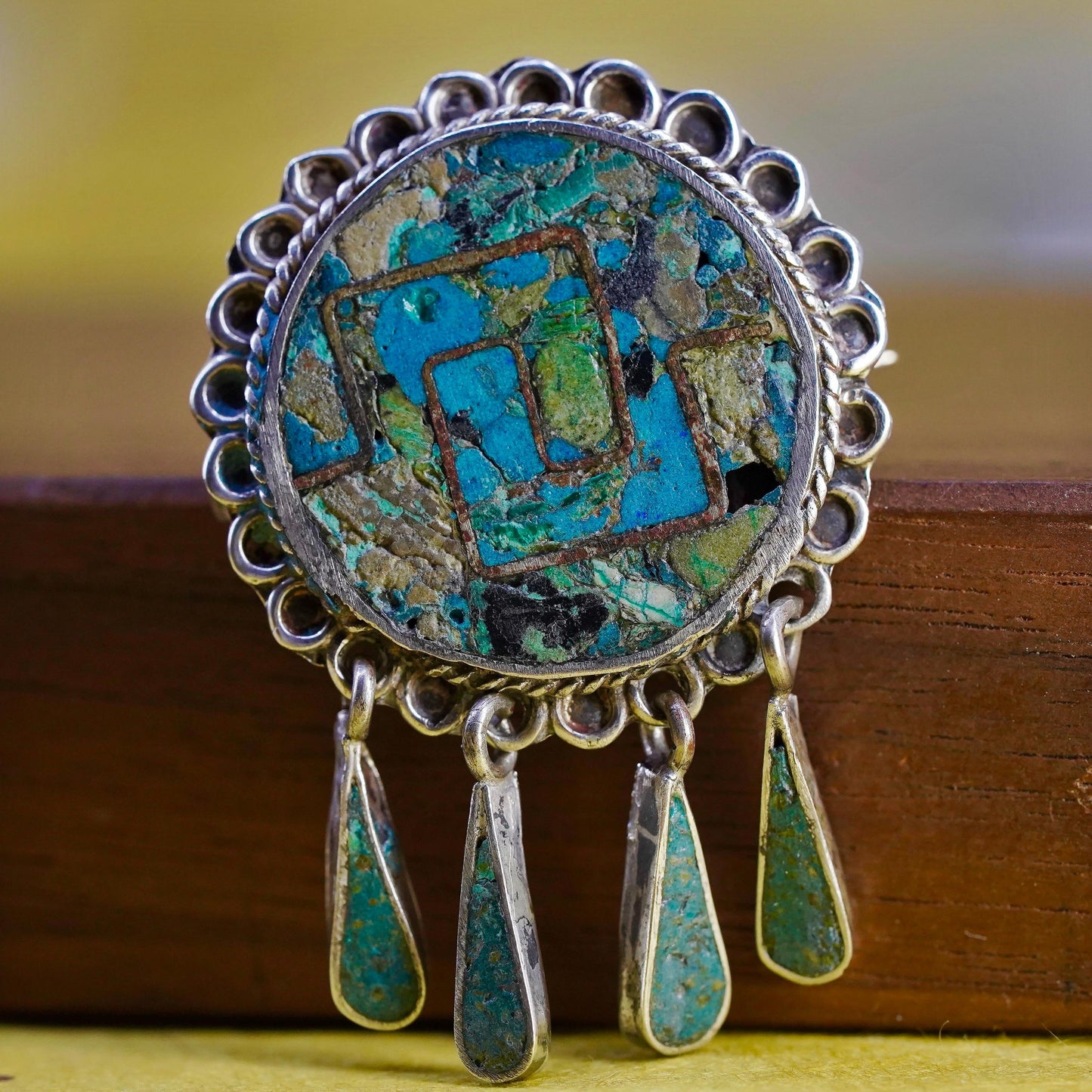 Vintage antique southwestern sterling silver circle pendant brooch turquoise