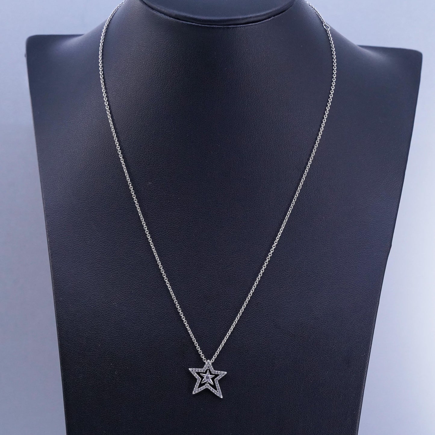 18”, VTG Pandora Pavé Asymmetric cz Star Collier Sterling 925 silver Necklace