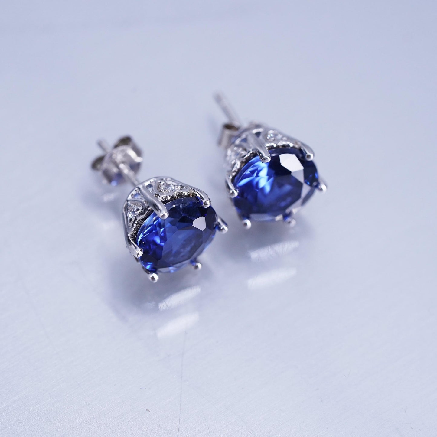 Vintage Sterling 925 silver handmade earrings, studs with sapphire cz