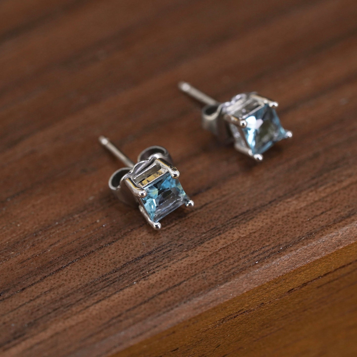 Vintage Sterling 925 silver blue topaz studs, square earrings